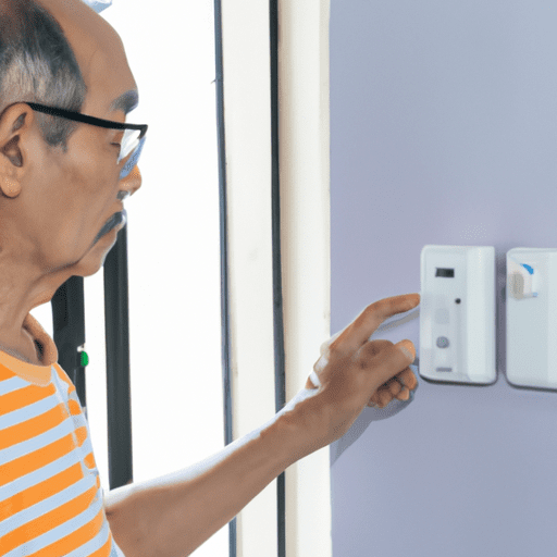 תמונה של קשיש המשתמש במתג WIFI חכם לשליטה במכשירי חשמל ביתיים